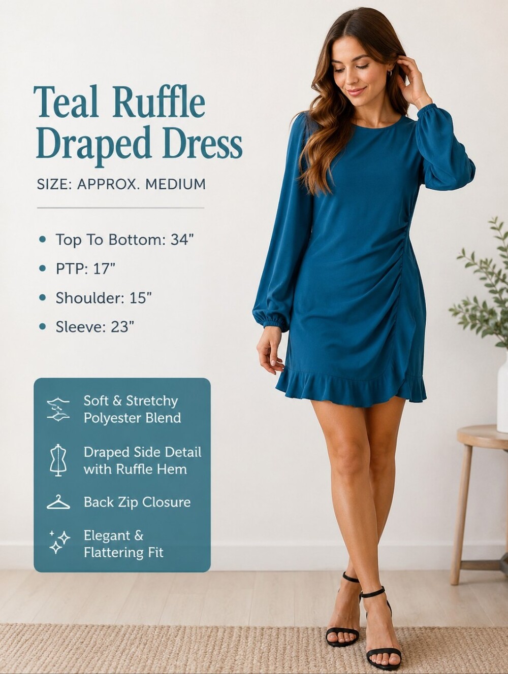 Teal Blue Draped Ruffle Mini Dress Balloon Sleeves Approx. Medium